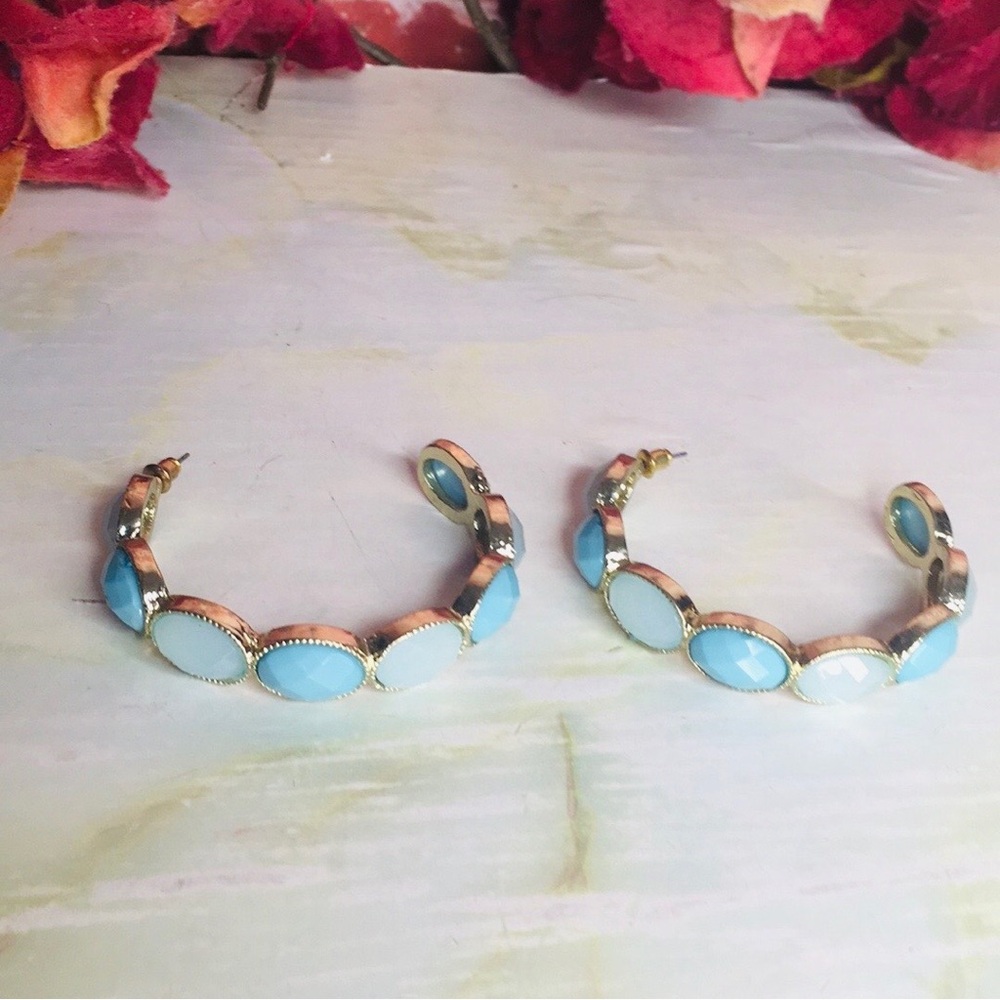 Gold Tone Blue Stone Large Boho Hoop Earrings